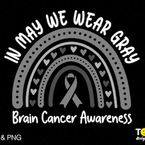 Puede incluir: Un arcoíris gris con una cinta gris en el centro. El texto "In May We Wear Gray" está por encima del arcoíris y el texto "Brain Cancer Awareness" está por debajo del arcoíris.