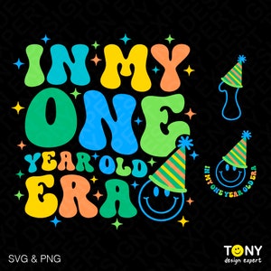 Lot de 3 créations à l'époque de mes 1 an Svg Png, 1er anniversaire Svg tendance rétro groovy ondulé téléchargement numérique DTF Sublimation PNG & SVG Cricut