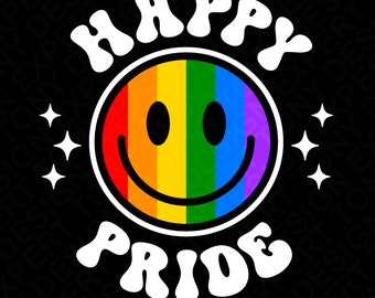 Puede incluir: Gráfico de Happy Pride con una cara sonriente arcoíris y texto blanco en una fuente retro.