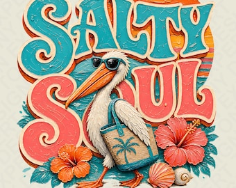 Salty Soul Pelican Beach PNG: Diseño de vacaciones de verano para amantes del mar tropical costero (descarga digital)