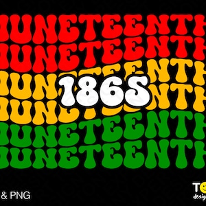 May include: A black graphic design featuring the word "Juneteenth" in red, yellow, and green, with the year "1865" in white. The design has a retro, wavy font style. The bottom left corner reads "SVG & PNG".