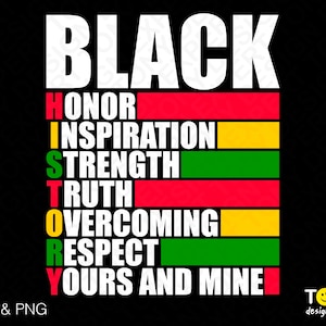 May include: Black text with the word "HISTORY" spelled vertically, with each letter representing a word: Honor, Inspiration, Strength, Truth, Overcoming, Respect, Yours and Mine. The text is on a black background with red, yellow, and green stripes.