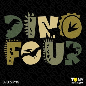 May include: A black graphic design featuring the words "DINO FOUR" in a dinosaur-themed font. The letters are in shades of green and tan, with dinosaur silhouettes and a footprint. The design includes the text "SVG & PNG".
