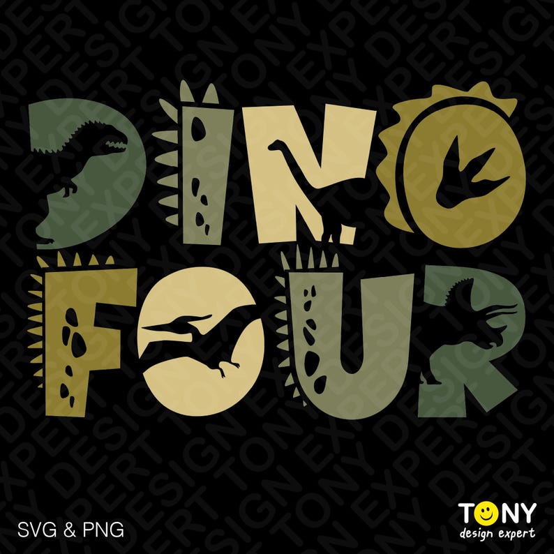 DINO FOUR dinosaur typography design with playful dinosaur shapes forming the letters and number four. Cute prehistoric themed lettering perfect for a fourth birthday celebration, kids dinosaur party shirts, toddler birthday outfits, and fun youth apparel designs. Provided as SVG and PNG files for crafting, printing, and creative projects.