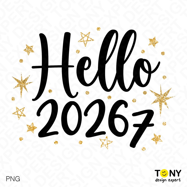 “Hello 20267” — bold black typography mixed with golden glitter stars, creating a fun New Year 2026 meets “six seven meme” crossover design. Ideal for festive shirts, meme gifts, printable décor, and social media-inspired crafts using PNG format.