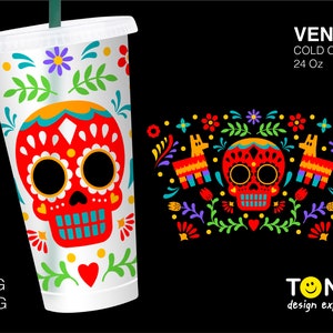 Day of the Dead Sugar Skull No Hole Cold Cup Wrap Svg, Dia de los Muertos DIY Seamless Full Wrap Venti Cold Cup 24 Oz Cricut File Svg Png