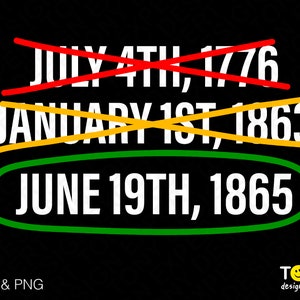 May include: A graphic design with the dates "JULY 4TH, 1776", "JANUARY 1ST, 1863", and "JUNE 19TH, 1865". The first two dates are crossed out in red and yellow, respectively. The third date is circled in green. The text "SVG & PNG" and "TONY design expert" are also included.