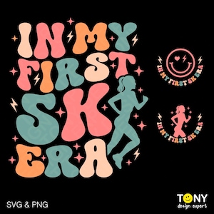 May include: A colourful graphic design with the text "In My First Sk Era" in a retro style. A silhouette of a person running is featured in the design. The design is perfect for a t-shirt, mug, or other merchandise.