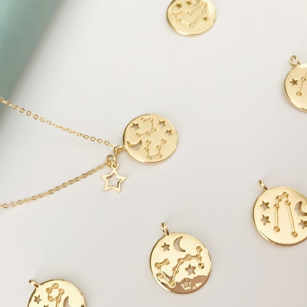 14K Gold Plated Zodiac Sign Pendant | Horoscope Charm | Astrologica l Hollow Out | Gold Zodiac Medallion coin Disc Pendant for crafting