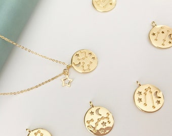 Ciondolo con segno zodiacale placcato oro 14K / Fascino dell'oroscopo / Astrologica scava fuori / Ciondolo a disco con moneta medaglione zodiacale in oro per la lavorazione