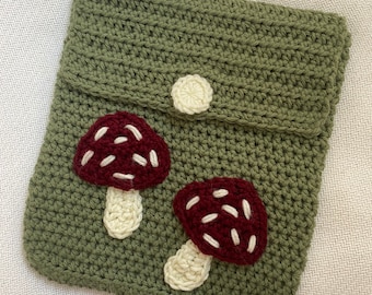 Crochet Mushroom Book Sleeve, Handmade Protective Book Cover, Purple Strawberry Book Case, Laptop or iPad Case by livirosemakes