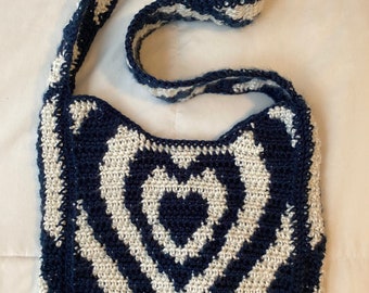 Crochet Heart Shoulder bag, Candy Stripe Trendy Hand bag, Handmade Pink, Blue, and White bag by livirosemakes