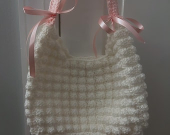 Crochet Puff Stitch Shoulder Bag, White and Pink Bow Bag, Handmade Accessory
