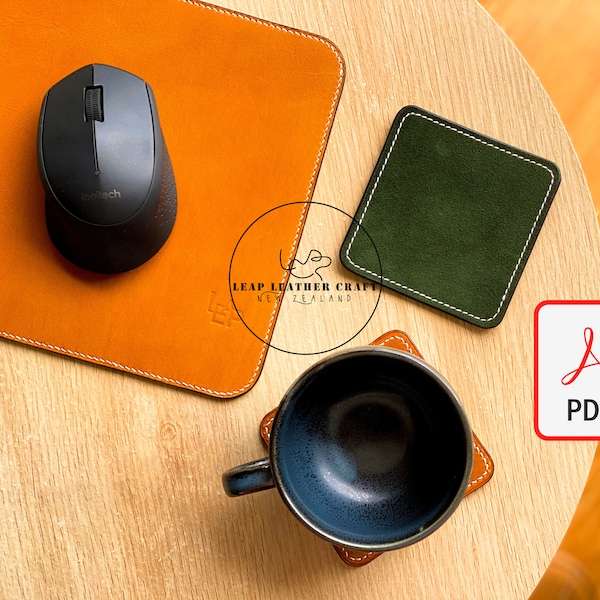 2 Dollars Pattern! No.507 Leather Mouse Pad plus Cup Coaster 2in1. Leather Hand Craft Pattern PDF A4