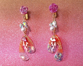 Pendientes SWEET CORAL de resina, coral rosa, charm de nácar, clip bañado en oro, rosa rosa, marítimo, transparente, muy ligero