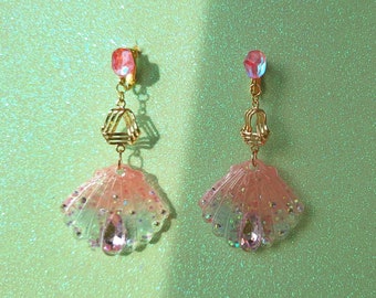 Pendientes SOFT transparentes, concha de resina sintética decorada con piedras brillantes, marítimo, rosa, dorado