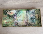 Trinket dish. Jewellery tray, Toiletries display dish, decoupaged. Glass. Dragon eye, Dragonfly, Believe design. Gold metallic detail.