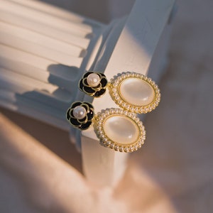 Camellia flower stud earrings with crystal opal drop earrings, pearl studs with Camellia flower in black, gift for her, elegant earrings