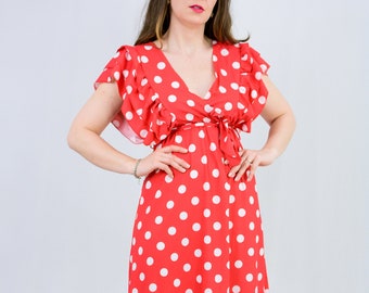 Red dotted dress vintage polka dots short sleeved empire waist L/XL