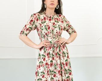 Floral dress vintage boho red flowers hippie summer women M/L