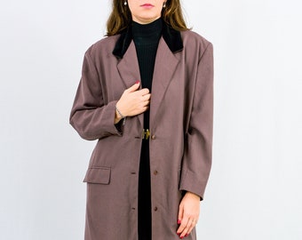 Brown wool coat autumn trench vintage 90s women velvet collar L/XL