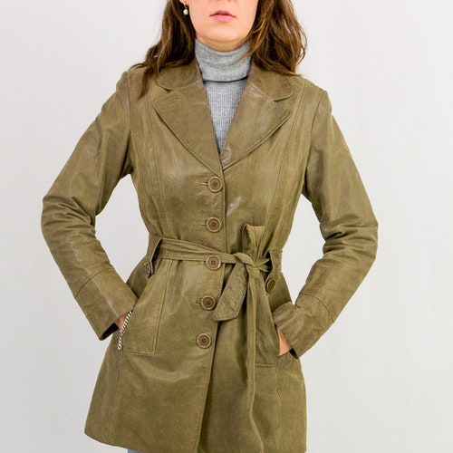 Vintage khaki leather jacket short trench shops women Large