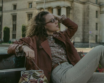 Caramel genuine leather jacket 80s brown vintage XL