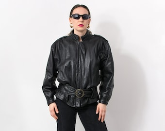 80s vintage leather bomber jacket black oversized women size L
