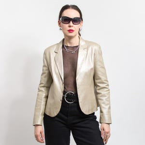 Metallic leather jacket Vintage glossy women size M/L