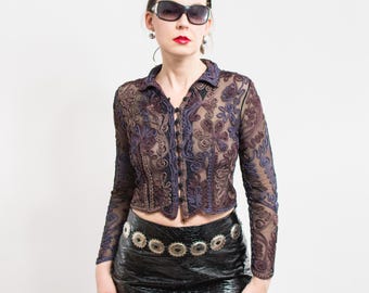 Vintage 80s 90s Lace Top + Skirt Set. Lace Long Sleeve