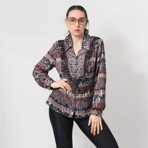 Bohemian shirt vintage satin embellished lace boho blouse women size XXL