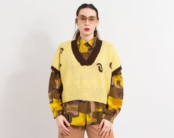 Yellow sweater vest vintage V neck sleeveless pullover women oversized one size