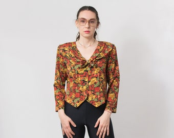 Vintage 80's floral blouse sailor collar multi color women size XXL