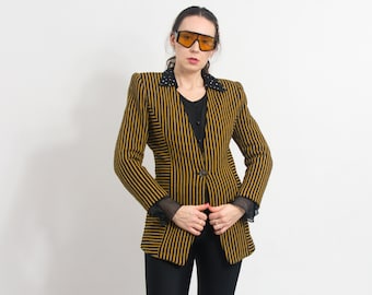 Retro striped blazer vintage tailored jacket wool mustard black women size L