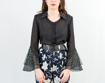Schwarzes schwarzes Shirt vintage Mesh Hippie Glöckchen Ärmel XL
