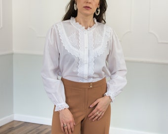 Chemise blanche style édouardien vintage années 90s blouse brodée femmes XL/XXL