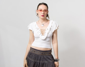 Vintage Y2K ruffled top white frilled romantic laced women size M/L