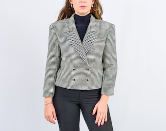 Vintage wool blazer cropped jacket women black white 90s retro Large