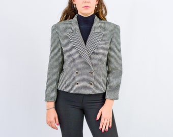 Vintage wool blazer cropped jacket women black white 90s retro Large