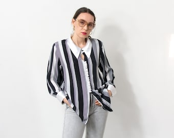 Striped black white blouse Vintage 90s long sleeve shirt women size XL