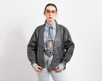 Gray leather bomber jacket vintage 80s oversized women size L/XL