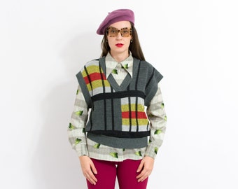 Retro sweater vest vintage preppy pullover sleeveless V neck size L