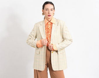 Plaid blazer vintage cream minimalist preppy jacket women size L