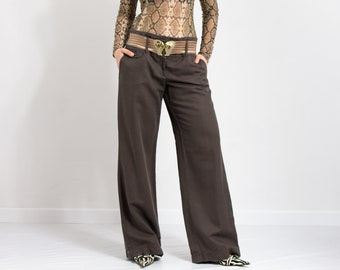 Pantalon large en lin Y2K marron vintage femme taille XL