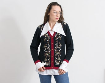 Embroidered cardigan vintage rustic sweater retro floral women size XL
