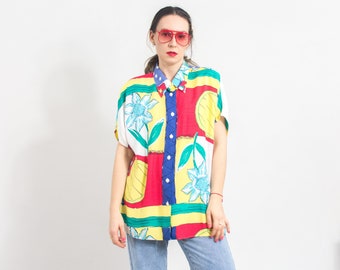 Rainbow shirt met korte mouwen vintage kraag bloementop dames maat XXXL