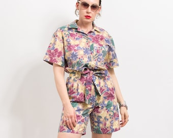 Summer jumpsuit Vintage floral coveralls retro women size M