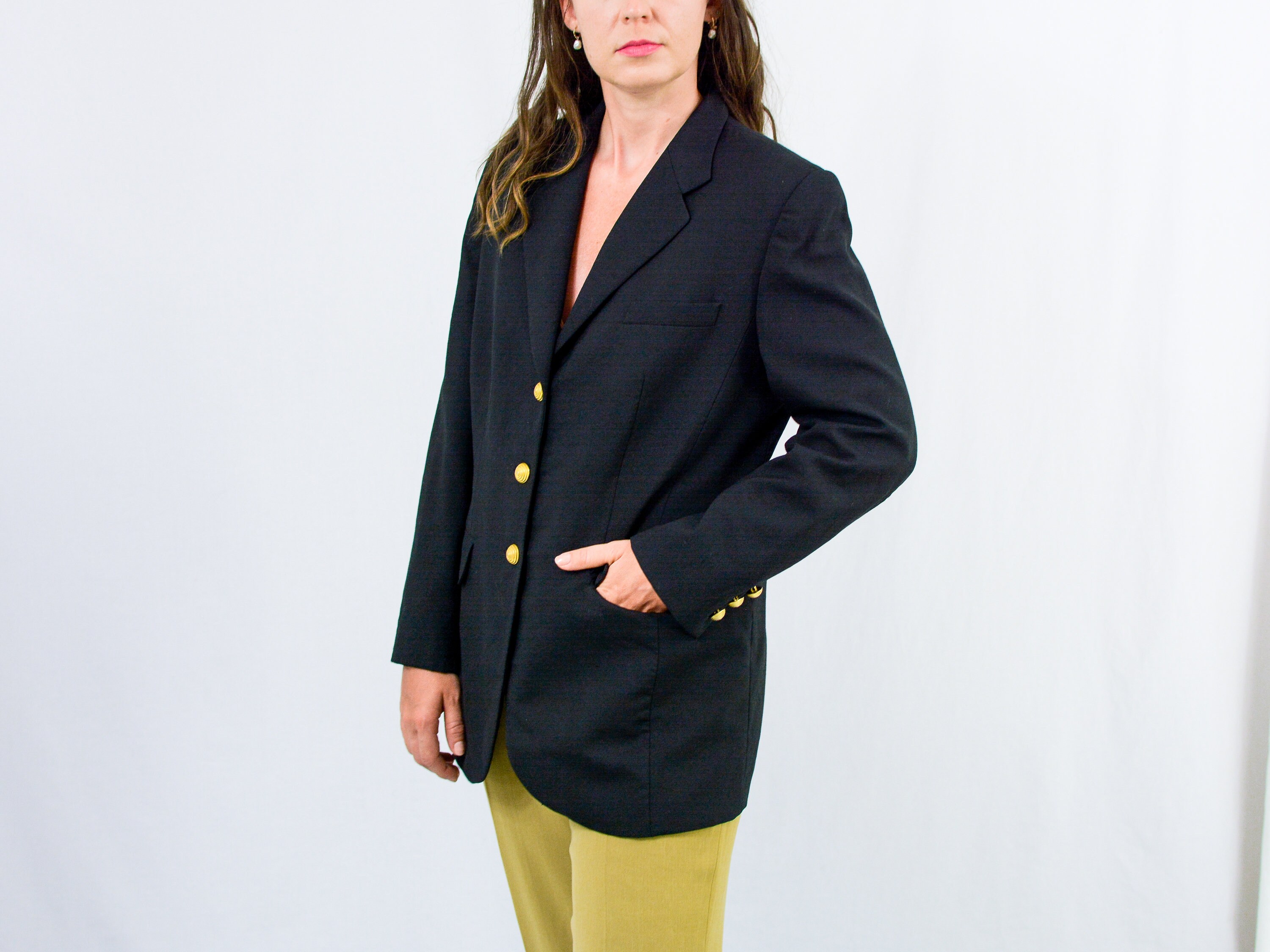 Black Blazer Gold Buttons Vintage Oversized Jacket 80s Women Christine XL Etsy UK