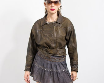 Biker leather jacket distressed brown Vintage 80's motorcycle rocker women size M