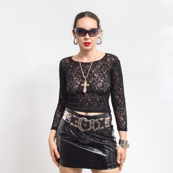 Black Lace Crop Top Vintage Sheer Blouse Long Sleeve Women